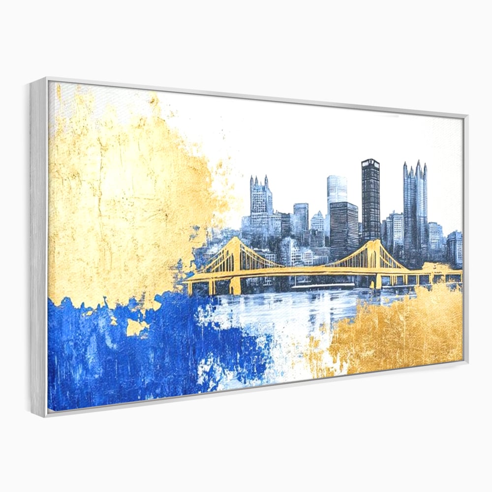 Tablou Canvas Premium, LuxCanva® O1030, Puntea dintre Cer si Apa, Pod, Gold, Auriu, Albastru, Armonie, Ecou, Oras, Umbre, Plutire, Structuri, Calator, Fericire, Motivatie, Birou, Living, Dormitor