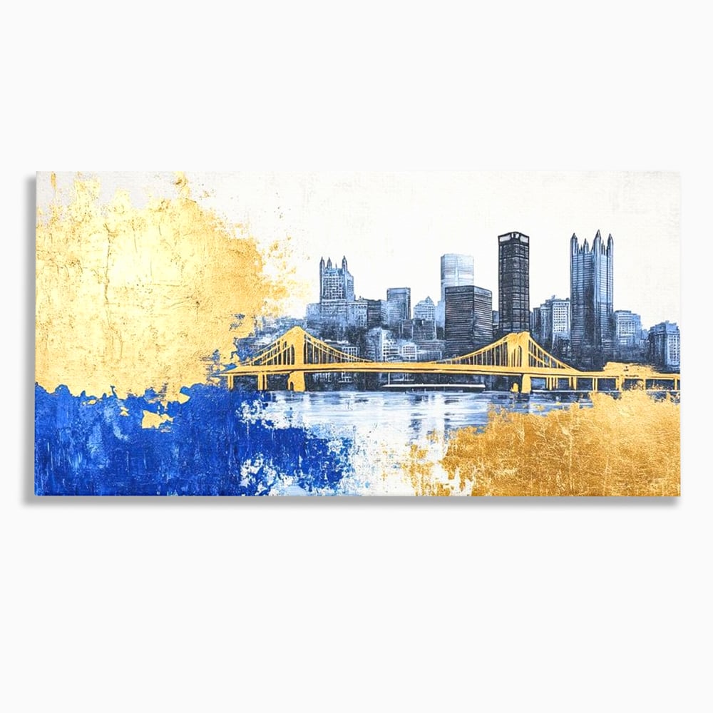 Tablou Canvas Premium, LuxCanva® O1030, Puntea dintre Cer si Apa, Pod, Gold, Auriu, Albastru, Armonie, Ecou, Oras, Umbre, Plutire, Structuri, Calator, Fericire, Motivatie, Birou, Living, Dormitor