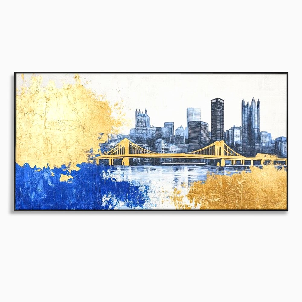 Tablou Canvas Premium, LuxCanva® O1030, Puntea dintre Cer si Apa, Pod, Gold, Auriu, Albastru, Armonie, Ecou, Oras, Umbre, Plutire, Structuri, Calator, Fericire, Motivatie, Birou, Living, Dormitor
