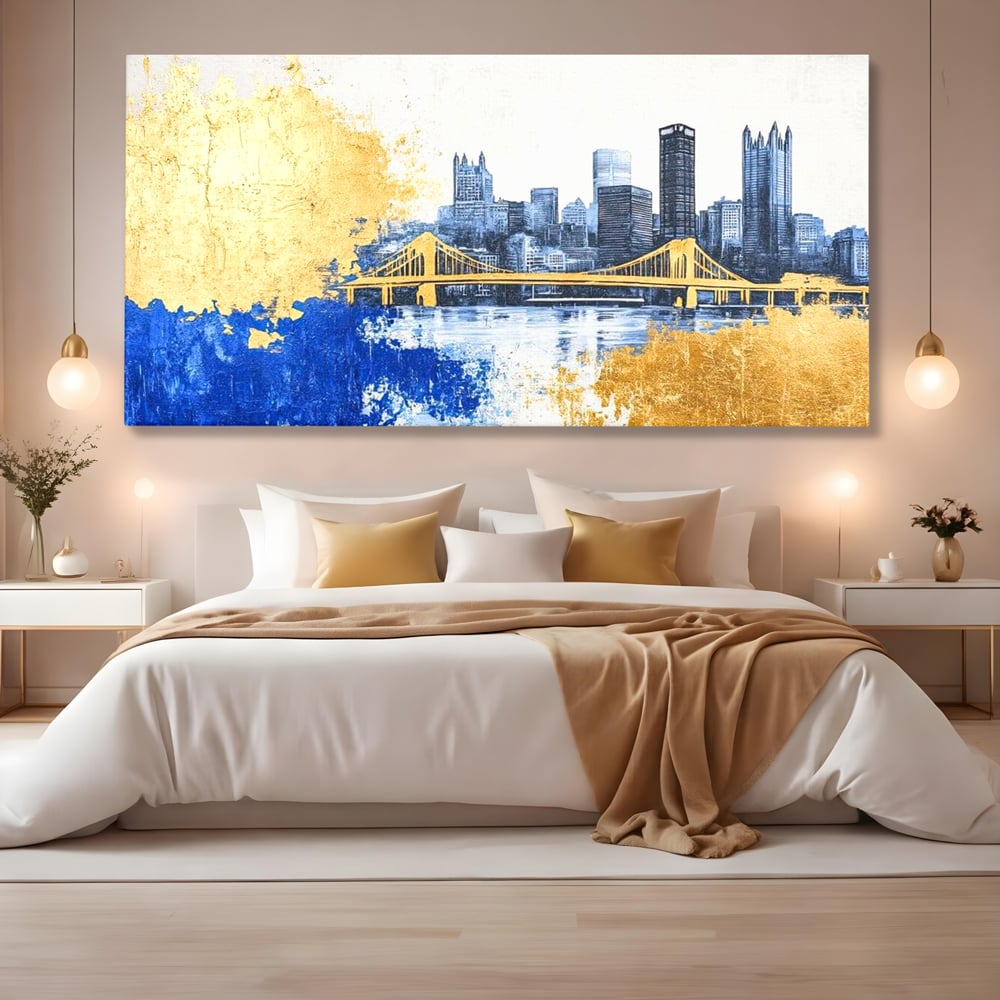 Tablou Canvas Premium, LuxCanva® O1030, Puntea dintre Cer si Apa, Pod, Gold, Auriu, Albastru, Armonie, Ecou, Oras, Umbre, Plutire, Structuri, Calator, Fericire, Motivatie, Birou, Living, Dormitor