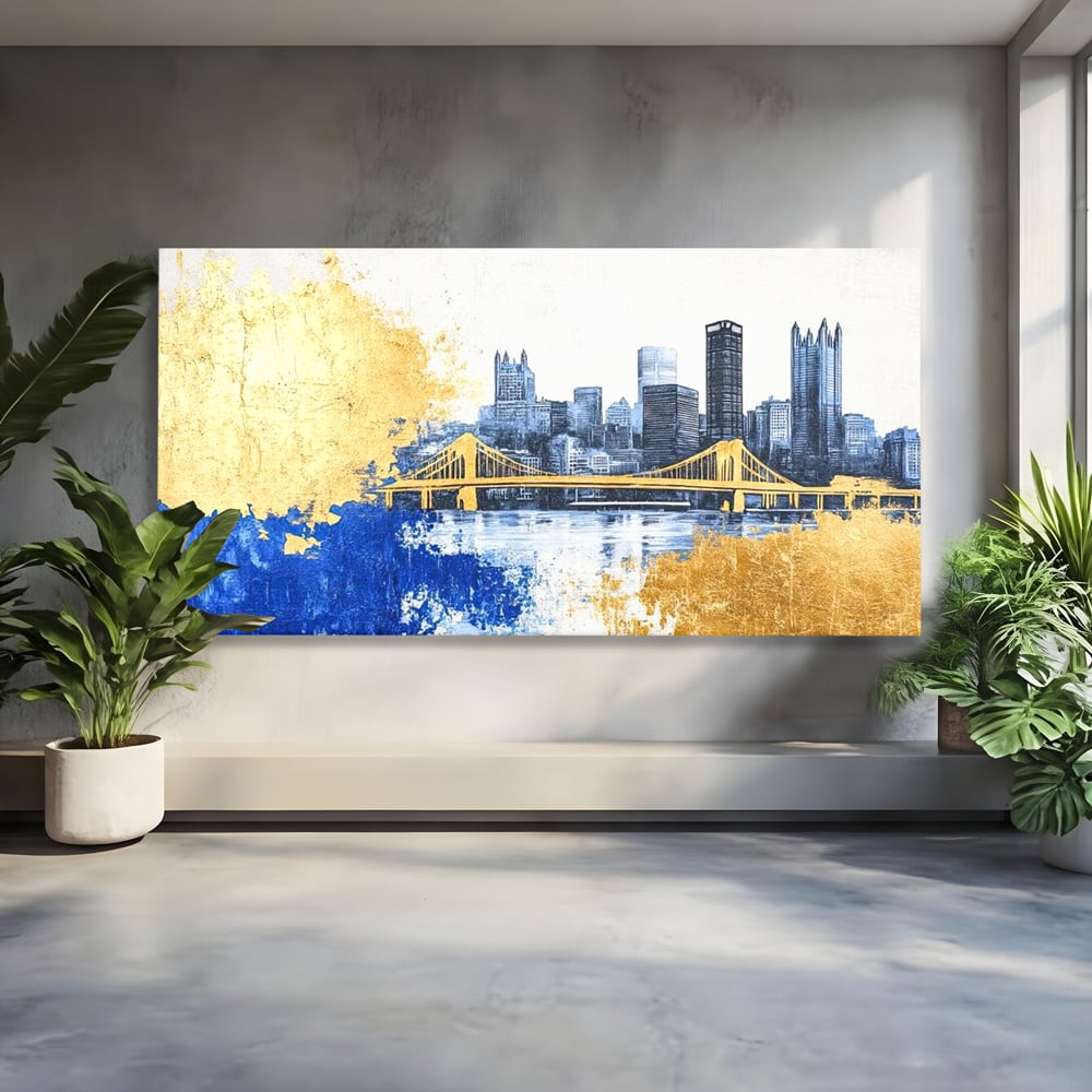 Tablou Canvas Premium, LuxCanva® O1030, Puntea dintre Cer si Apa, Pod, Gold, Auriu, Albastru, Armonie, Ecou, Oras, Umbre, Plutire, Structuri, Calator, Fericire, Motivatie, Birou, Living, Dormitor
