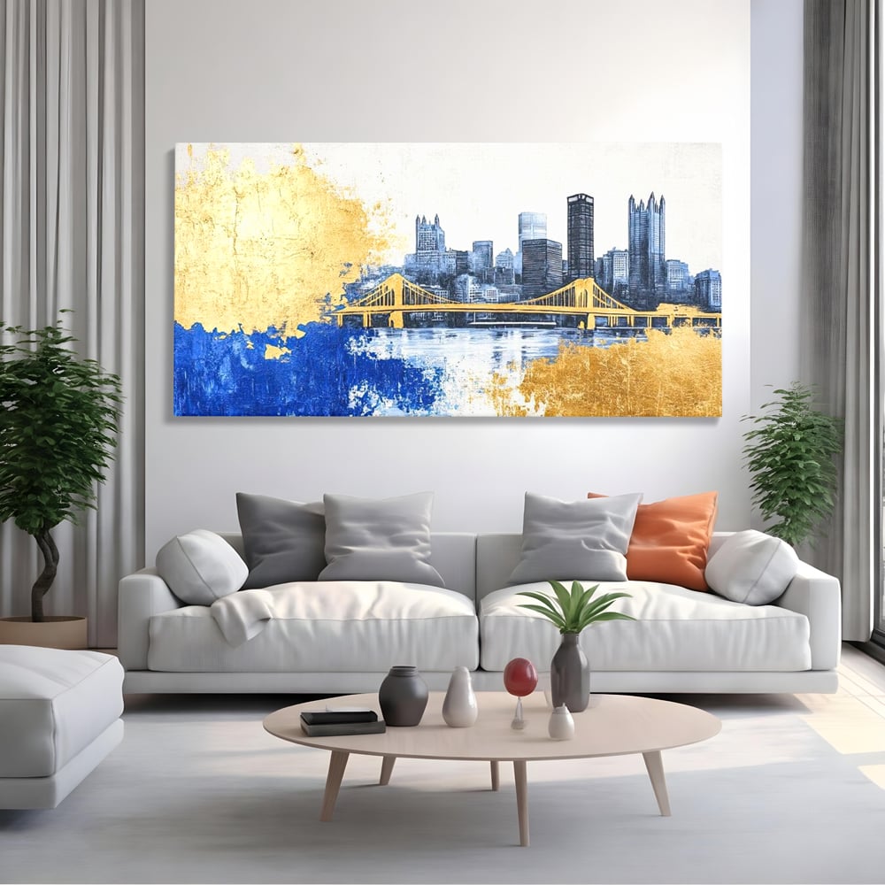 Tablou Canvas Premium, LuxCanva® O1030, Puntea dintre Cer si Apa, Pod, Gold, Auriu, Albastru, Armonie, Ecou, Oras, Umbre, Plutire, Structuri, Calator, Fericire, Motivatie, Birou, Living, Dormitor