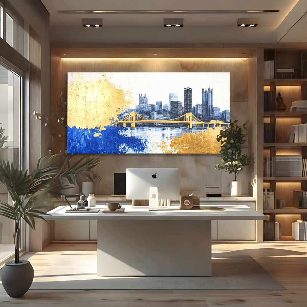 Tablou Canvas Premium, LuxCanva® O1030, Puntea dintre Cer si Apa, Pod, Gold, Auriu, Albastru, Armonie, Ecou, Oras, Umbre, Plutire, Structuri, Calator, Fericire, Motivatie, Birou, Living, Dormitor