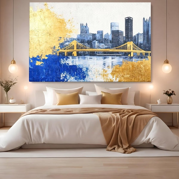 Tablou Canvas Premium, LuxCanva® O1030, Puntea dintre Cer si Apa, Pod, Gold, Auriu, Albastru, Armonie, Ecou, Oras, Umbre, Plutire, Structuri, Calator, Fericire, Motivatie, Birou, Living, Dormitor