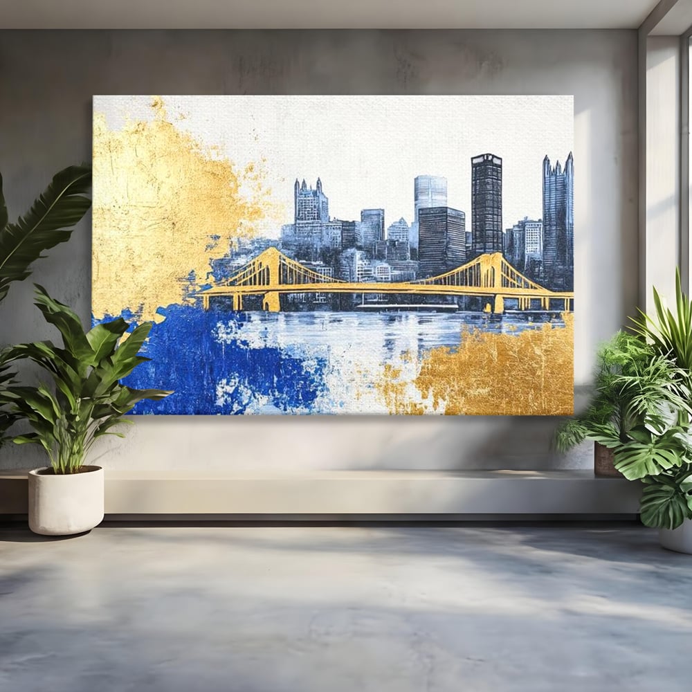 Tablou Canvas Premium, LuxCanva® O1030, Puntea dintre Cer si Apa, Pod, Gold, Auriu, Albastru, Armonie, Ecou, Oras, Umbre, Plutire, Structuri, Calator, Fericire, Motivatie, Birou, Living, Dormitor