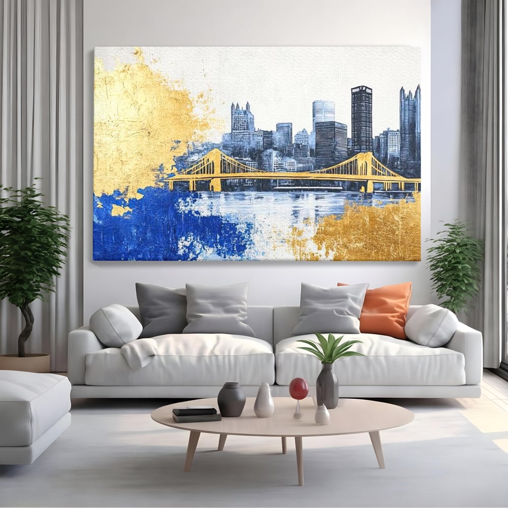 Tablou Canvas Premium, LuxCanva® O1030, Puntea dintre Cer si Apa, Pod, Gold, Auriu, Albastru, Armonie, Ecou, Oras, Umbre, Plutire, Structuri, Calator, Fericire, Motivatie, Birou, Living, Dormitor