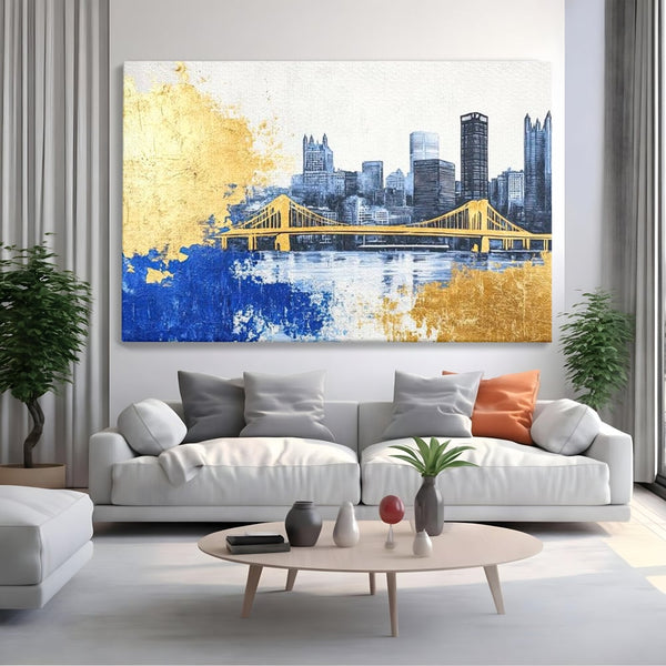 Tablou Canvas Premium, LuxCanva® O1030, Puntea dintre Cer si Apa, Pod, Gold, Auriu, Albastru, Armonie, Ecou, Oras, Umbre, Plutire, Structuri, Calator, Fericire, Motivatie, Birou, Living, Dormitor