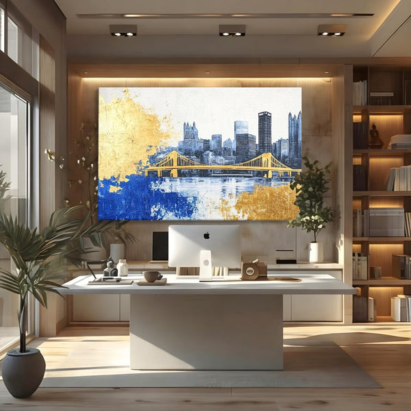 Tablou Canvas Premium, LuxCanva® O1030, Puntea dintre Cer si Apa, Pod, Gold, Auriu, Albastru, Armonie, Ecou, Oras, Umbre, Plutire, Structuri, Calator, Fericire, Motivatie, Birou, Living, Dormitor