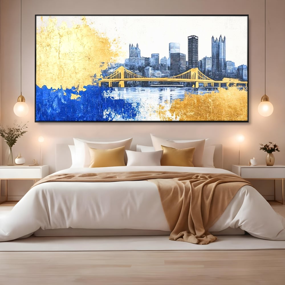 Tablou Canvas Premium, LuxCanva® O1030, Puntea dintre Cer si Apa, Pod, Gold, Auriu, Albastru, Armonie, Ecou, Oras, Umbre, Plutire, Structuri, Calator, Fericire, Motivatie, Birou, Living, Dormitor