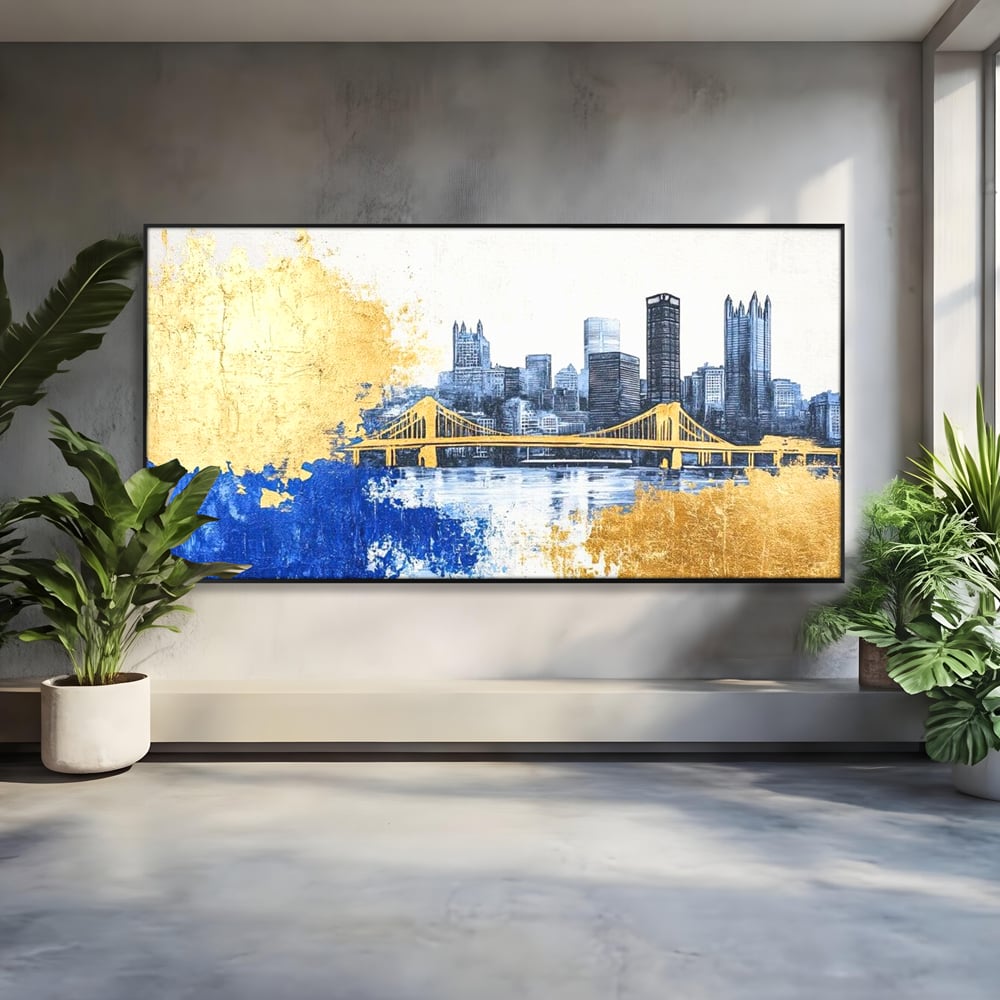 Tablou Canvas Premium, LuxCanva® O1030, Puntea dintre Cer si Apa, Pod, Gold, Auriu, Albastru, Armonie, Ecou, Oras, Umbre, Plutire, Structuri, Calator, Fericire, Motivatie, Birou, Living, Dormitor