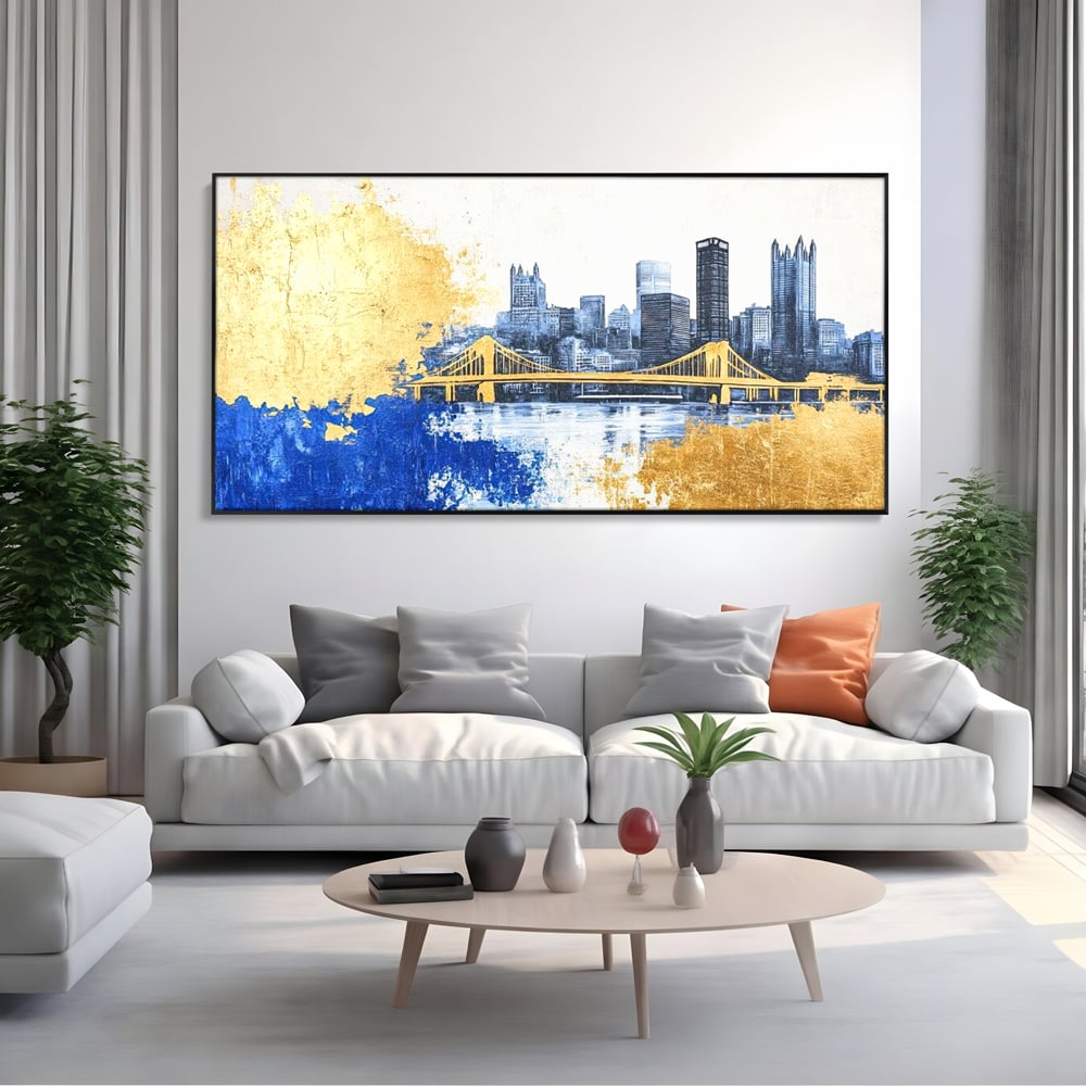 Tablou Canvas Premium, LuxCanva® O1030, Puntea dintre Cer si Apa, Pod, Gold, Auriu, Albastru, Armonie, Ecou, Oras, Umbre, Plutire, Structuri, Calator, Fericire, Motivatie, Birou, Living, Dormitor
