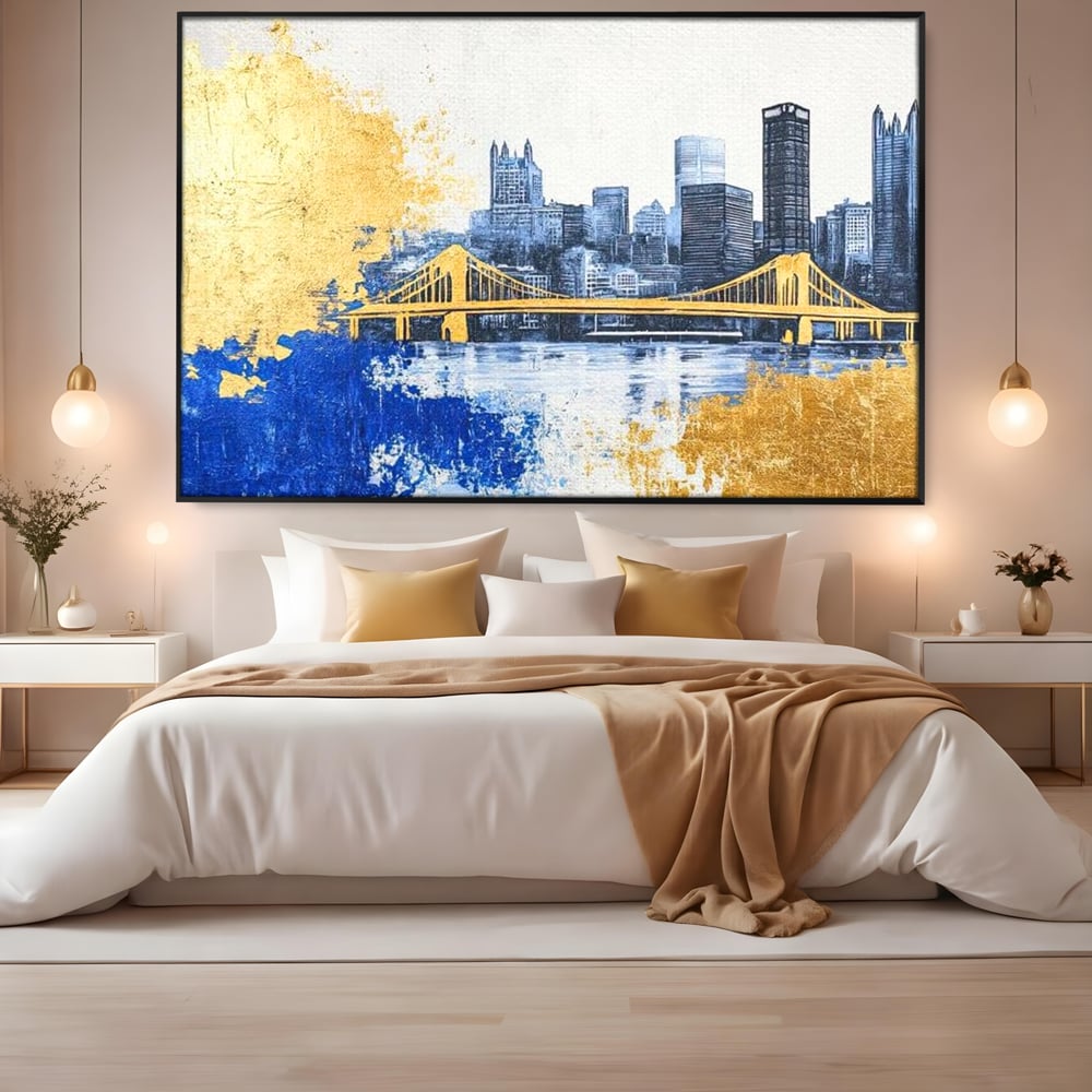 Tablou Canvas Premium, LuxCanva® O1030, Puntea dintre Cer si Apa, Pod, Gold, Auriu, Albastru, Armonie, Ecou, Oras, Umbre, Plutire, Structuri, Calator, Fericire, Motivatie, Birou, Living, Dormitor