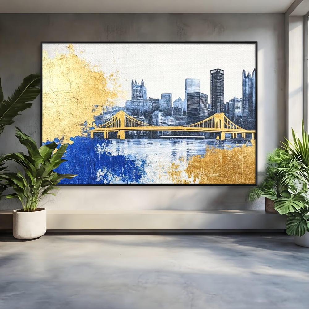 Tablou Canvas Premium, LuxCanva® O1030, Puntea dintre Cer si Apa, Pod, Gold, Auriu, Albastru, Armonie, Ecou, Oras, Umbre, Plutire, Structuri, Calator, Fericire, Motivatie, Birou, Living, Dormitor