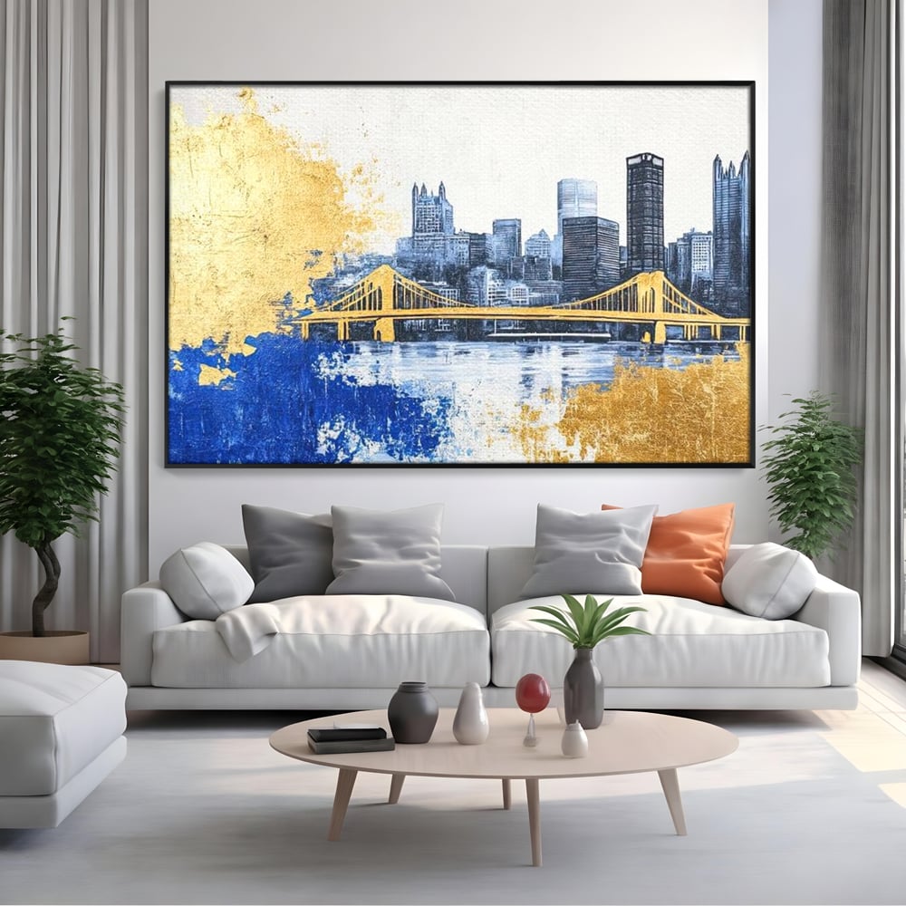 Tablou Canvas Premium, LuxCanva® O1030, Puntea dintre Cer si Apa, Pod, Gold, Auriu, Albastru, Armonie, Ecou, Oras, Umbre, Plutire, Structuri, Calator, Fericire, Motivatie, Birou, Living, Dormitor
