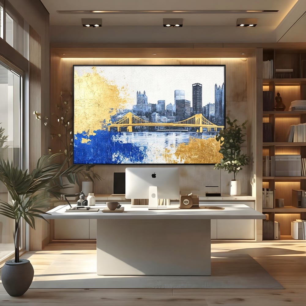 Tablou Canvas Premium, LuxCanva® O1030, Puntea dintre Cer si Apa, Pod, Gold, Auriu, Albastru, Armonie, Ecou, Oras, Umbre, Plutire, Structuri, Calator, Fericire, Motivatie, Birou, Living, Dormitor