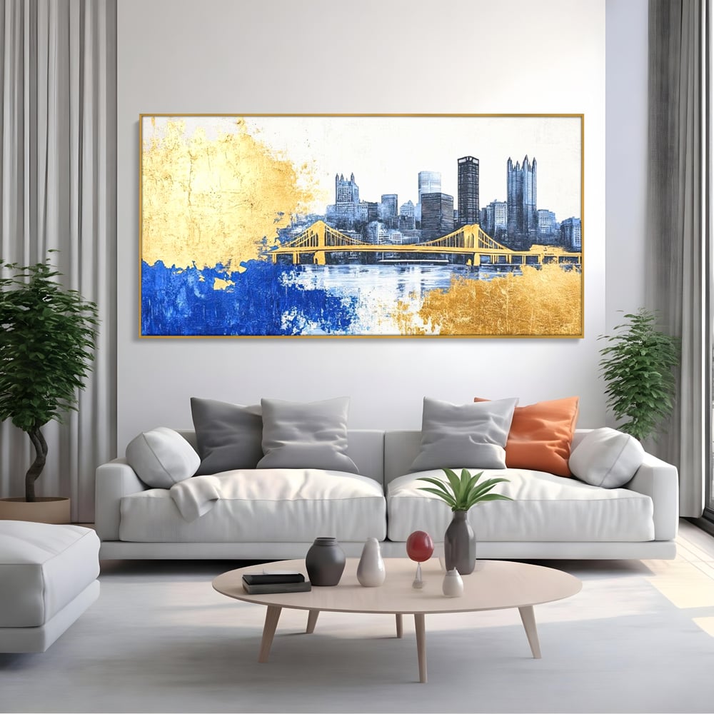 Tablou Canvas Premium, LuxCanva® O1030, Puntea dintre Cer si Apa, Pod, Gold, Auriu, Albastru, Armonie, Ecou, Oras, Umbre, Plutire, Structuri, Calator, Fericire, Motivatie, Birou, Living, Dormitor