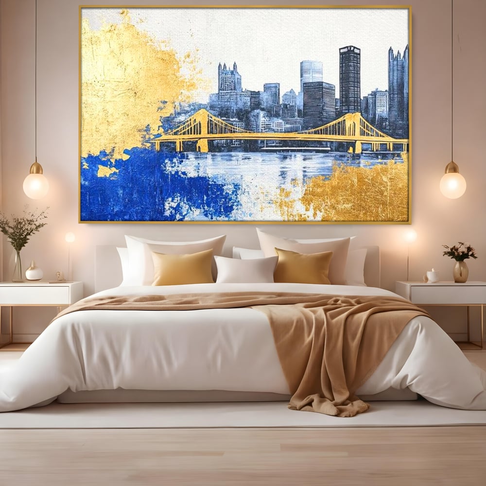 Tablou Canvas Premium, LuxCanva® O1030, Puntea dintre Cer si Apa, Pod, Gold, Auriu, Albastru, Armonie, Ecou, Oras, Umbre, Plutire, Structuri, Calator, Fericire, Motivatie, Birou, Living, Dormitor