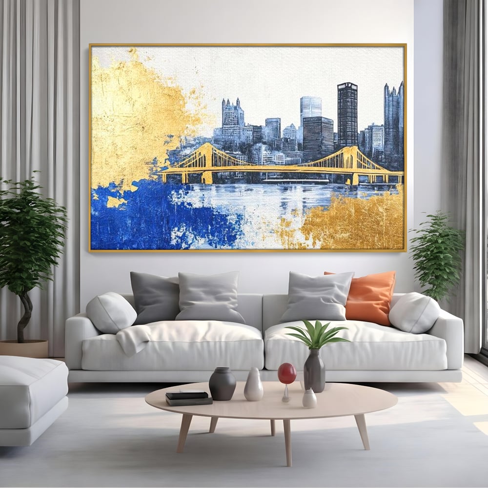 Tablou Canvas Premium, LuxCanva® O1030, Puntea dintre Cer si Apa, Pod, Gold, Auriu, Albastru, Armonie, Ecou, Oras, Umbre, Plutire, Structuri, Calator, Fericire, Motivatie, Birou, Living, Dormitor