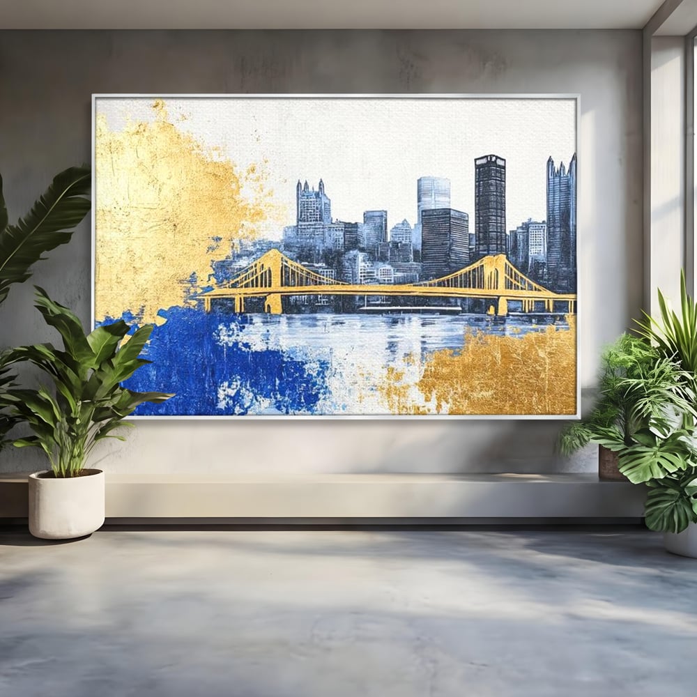 Tablou Canvas Premium, LuxCanva® O1030, Puntea dintre Cer si Apa, Pod, Gold, Auriu, Albastru, Armonie, Ecou, Oras, Umbre, Plutire, Structuri, Calator, Fericire, Motivatie, Birou, Living, Dormitor