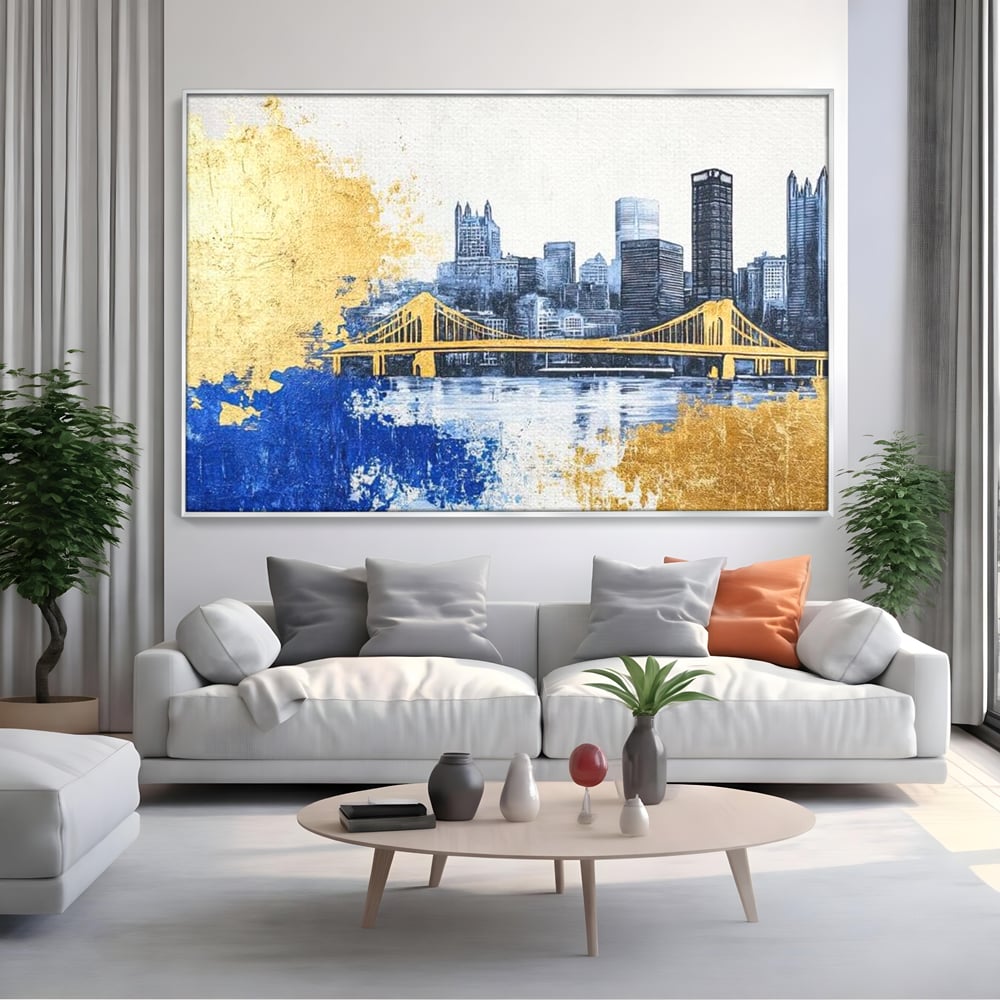 Tablou Canvas Premium, LuxCanva® O1030, Puntea dintre Cer si Apa, Pod, Gold, Auriu, Albastru, Armonie, Ecou, Oras, Umbre, Plutire, Structuri, Calator, Fericire, Motivatie, Birou, Living, Dormitor