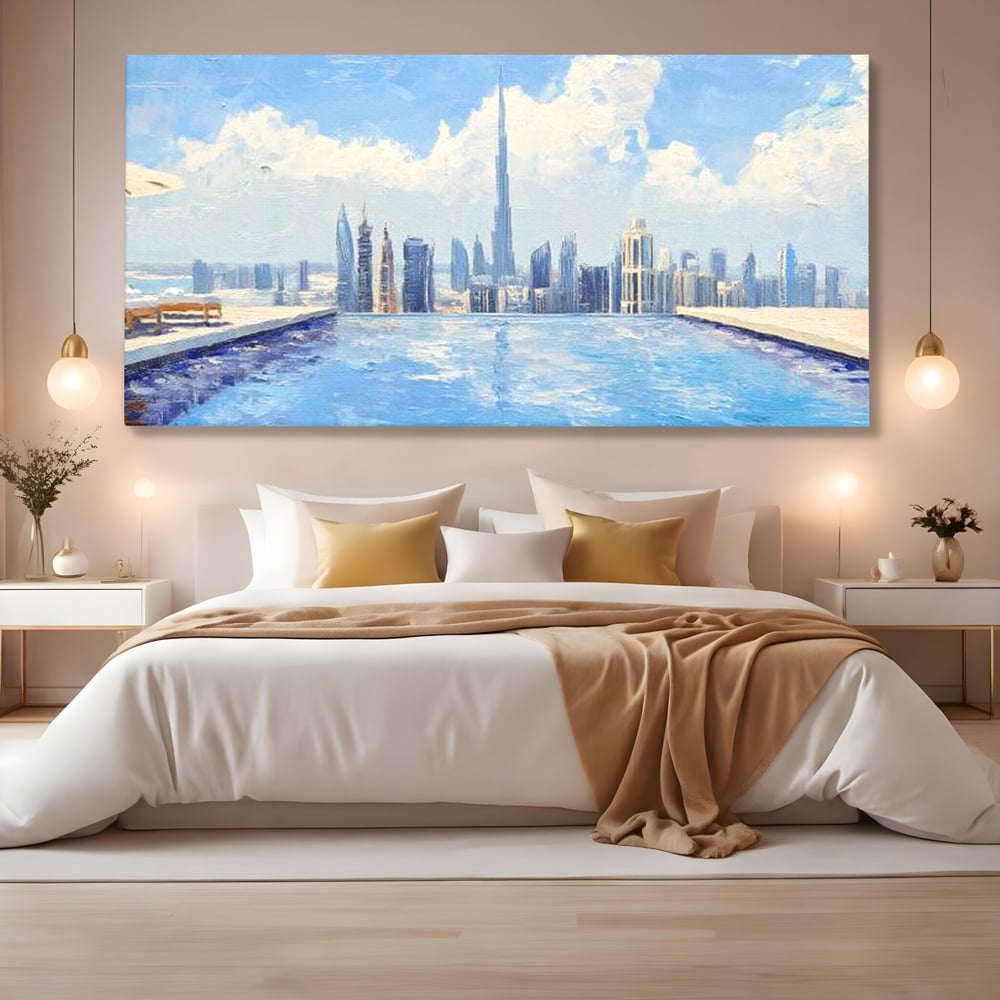 Tablou Canvas Premium, LuxCanva® O1031, Infinitul Albastru, Albastru, Relaxare, Luxos, Serenitate, Azur, Armonie, Nori, Apa, Orizont, Punte, Oglindire, Oaza, Inaltime, Viata, Birou, Living, Dormitor