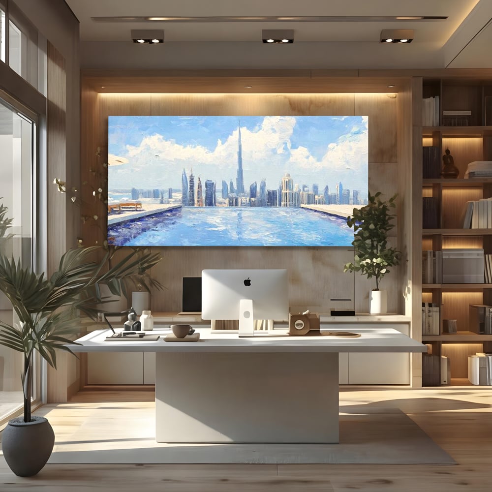 Tablou Canvas Premium, LuxCanva® O1031, Infinitul Albastru, Albastru, Relaxare, Luxos, Serenitate, Azur, Armonie, Nori, Apa, Orizont, Punte, Oglindire, Oaza, Inaltime, Viata, Birou, Living, Dormitor