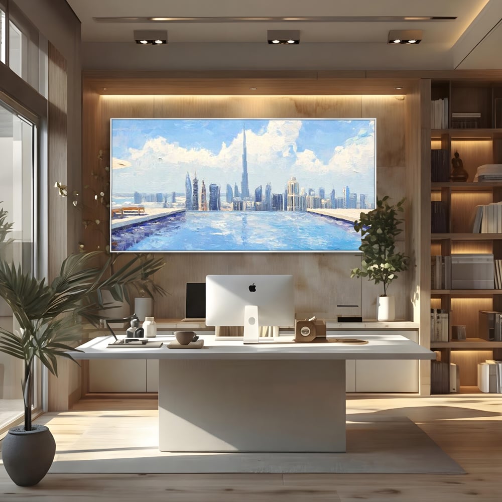 Tablou Canvas Premium, LuxCanva® O1031, Infinitul Albastru, Albastru, Relaxare, Luxos, Serenitate, Azur, Armonie, Nori, Apa, Orizont, Punte, Oglindire, Oaza, Inaltime, Viata, Birou, Living, Dormitor