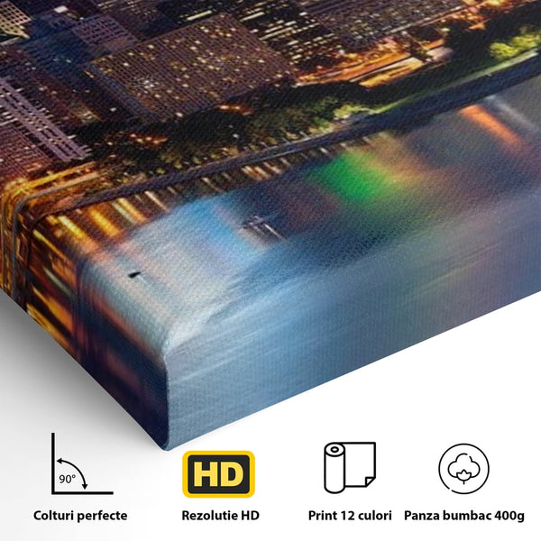 Tablou Canvas Premium, LuxCanva® O1032, Fluviul Tacut, Oras, Rau, Electrizant, Revarsare, Cladiri, Vraja, Albastru, Lumina, Noapte, Freamat, Invizibil, Lume, Pod, Sticla, Birou, Living, Dormitor