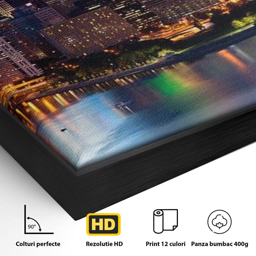 Tablou Canvas Premium, LuxCanva® O1032, Fluviul Tacut, Oras, Rau, Electrizant, Revarsare, Cladiri, Vraja, Albastru, Lumina, Noapte, Freamat, Invizibil, Lume, Pod, Sticla, Birou, Living, Dormitor