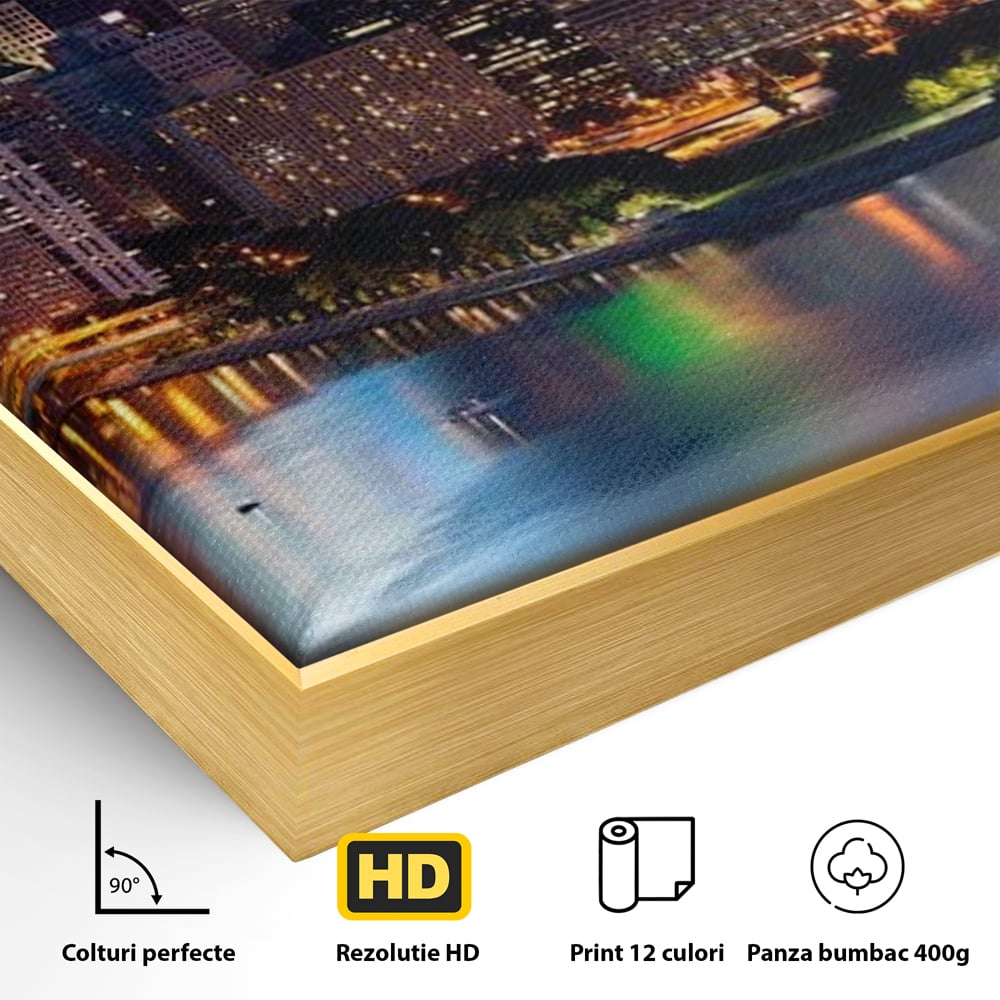 Tablou Canvas Premium, LuxCanva® O1032, Fluviul Tacut, Oras, Rau, Electrizant, Revarsare, Cladiri, Vraja, Albastru, Lumina, Noapte, Freamat, Invizibil, Lume, Pod, Sticla, Birou, Living, Dormitor