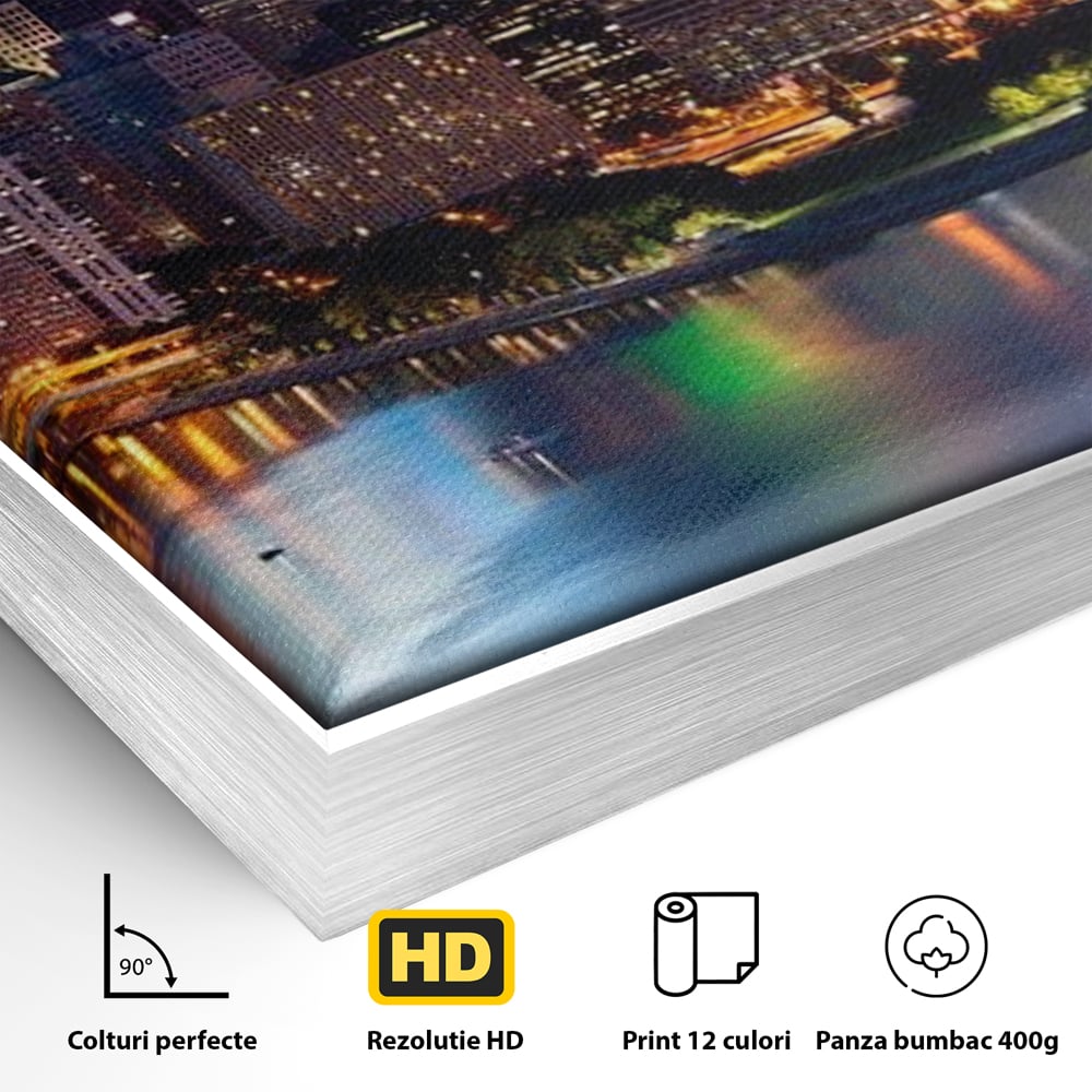 Tablou Canvas Premium, LuxCanva® O1032, Fluviul Tacut, Oras, Rau, Electrizant, Revarsare, Cladiri, Vraja, Albastru, Lumina, Noapte, Freamat, Invizibil, Lume, Pod, Sticla, Birou, Living, Dormitor