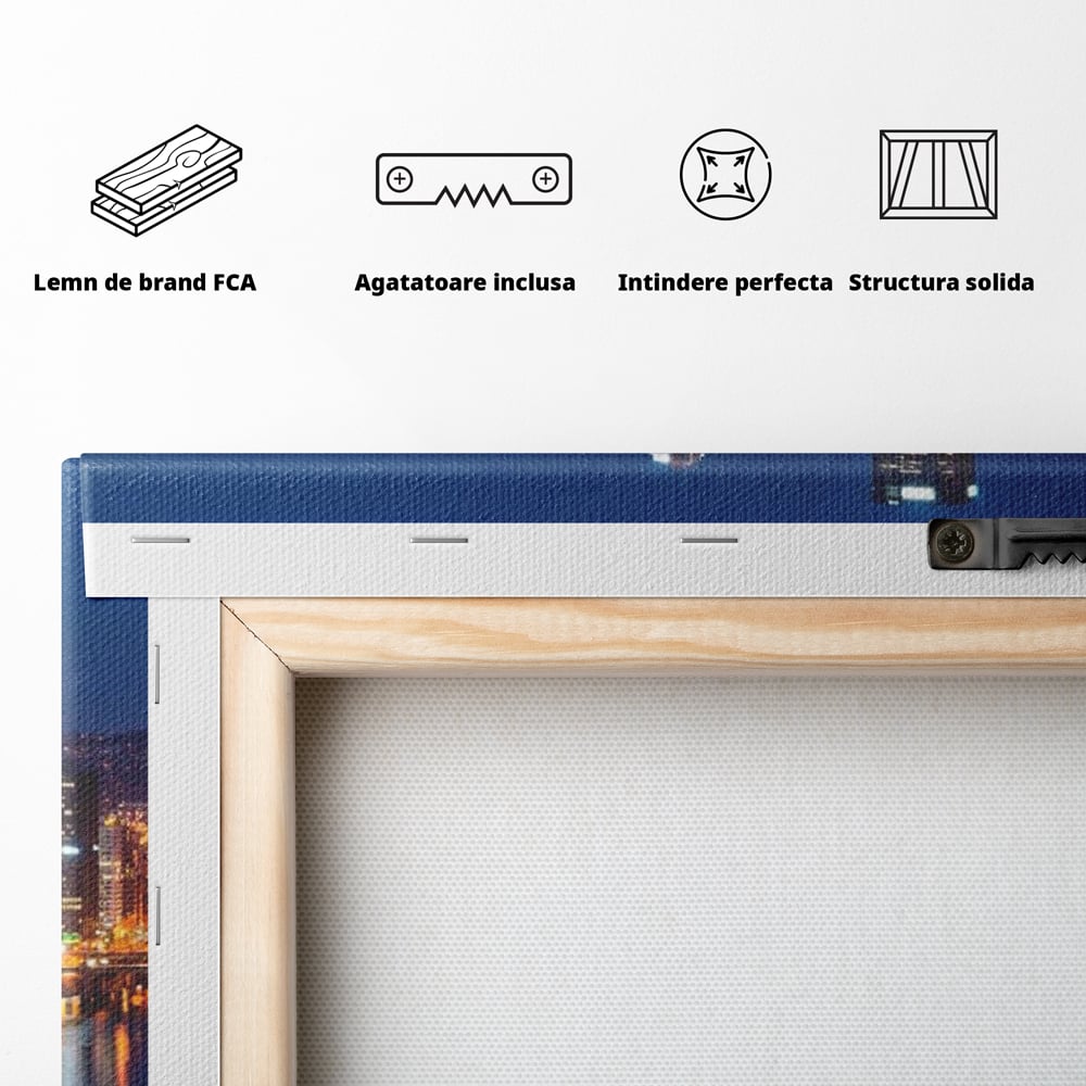 Tablou Canvas Premium, LuxCanva® O1032, Fluviul Tacut, Oras, Rau, Electrizant, Revarsare, Cladiri, Vraja, Albastru, Lumina, Noapte, Freamat, Invizibil, Lume, Pod, Sticla, Birou, Living, Dormitor