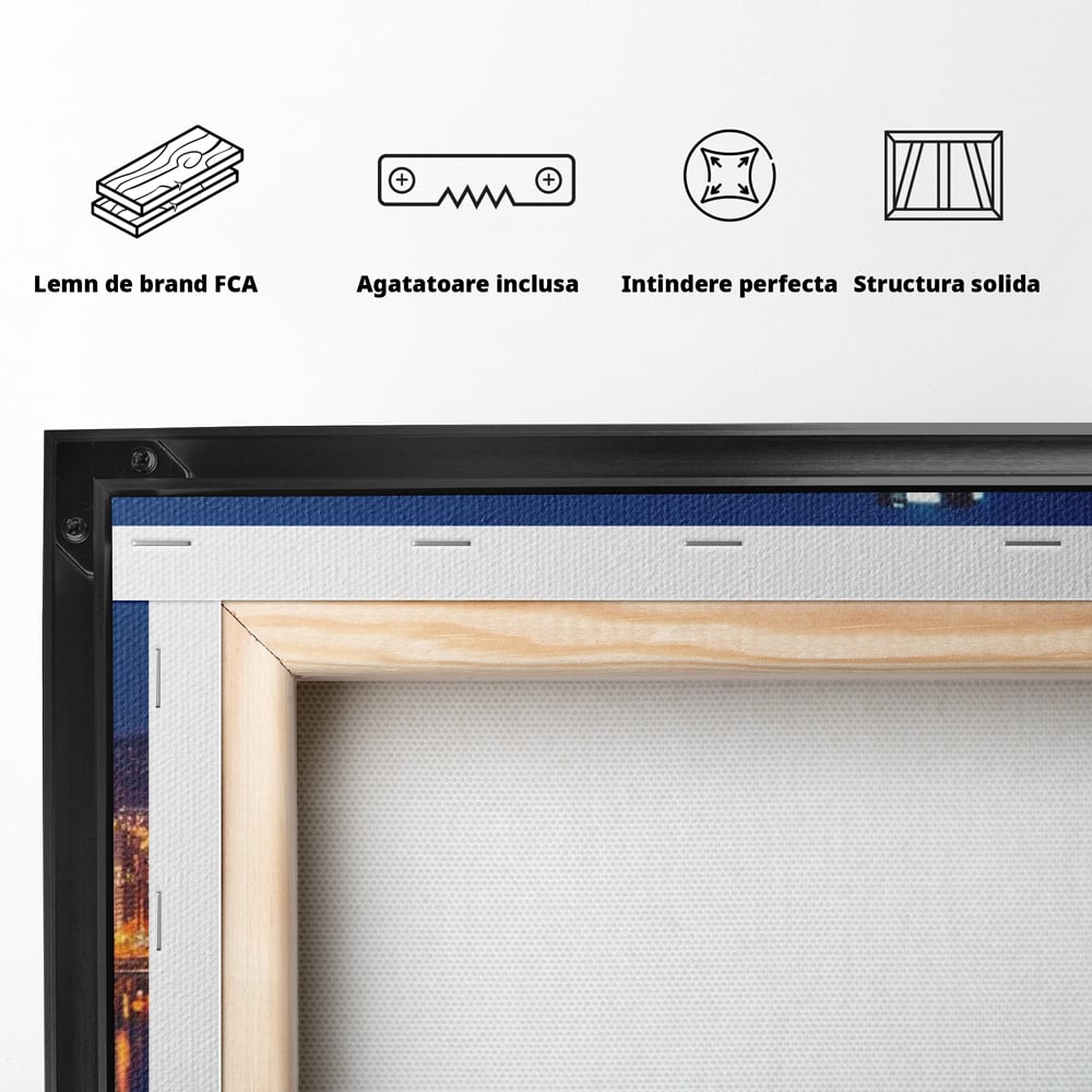 Tablou Canvas Premium, LuxCanva® O1032, Fluviul Tacut, Oras, Rau, Electrizant, Revarsare, Cladiri, Vraja, Albastru, Lumina, Noapte, Freamat, Invizibil, Lume, Pod, Sticla, Birou, Living, Dormitor