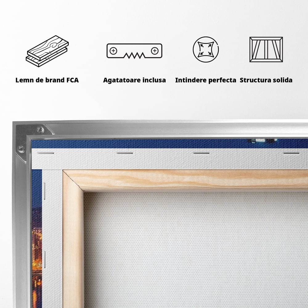 Tablou Canvas Premium, LuxCanva® O1032, Fluviul Tacut, Oras, Rau, Electrizant, Revarsare, Cladiri, Vraja, Albastru, Lumina, Noapte, Freamat, Invizibil, Lume, Pod, Sticla, Birou, Living, Dormitor
