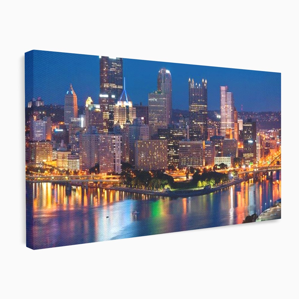 Tablou Canvas Premium, LuxCanva® O1032, Fluviul Tacut, Oras, Rau, Electrizant, Revarsare, Cladiri, Vraja, Albastru, Lumina, Noapte, Freamat, Invizibil, Lume, Pod, Sticla, Birou, Living, Dormitor