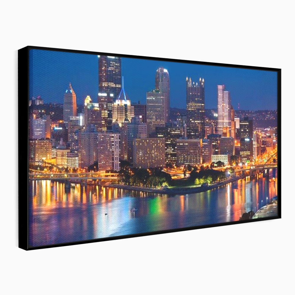 Tablou Canvas Premium, LuxCanva® O1032, Fluviul Tacut, Oras, Rau, Electrizant, Revarsare, Cladiri, Vraja, Albastru, Lumina, Noapte, Freamat, Invizibil, Lume, Pod, Sticla, Birou, Living, Dormitor