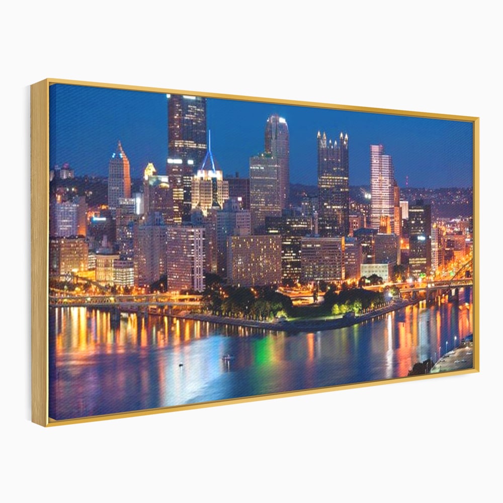 Tablou Canvas Premium, LuxCanva® O1032, Fluviul Tacut, Oras, Rau, Electrizant, Revarsare, Cladiri, Vraja, Albastru, Lumina, Noapte, Freamat, Invizibil, Lume, Pod, Sticla, Birou, Living, Dormitor