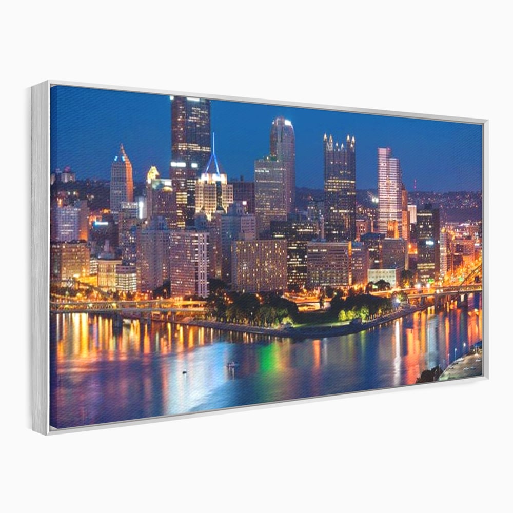 Tablou Canvas Premium, LuxCanva® O1032, Fluviul Tacut, Oras, Rau, Electrizant, Revarsare, Cladiri, Vraja, Albastru, Lumina, Noapte, Freamat, Invizibil, Lume, Pod, Sticla, Birou, Living, Dormitor