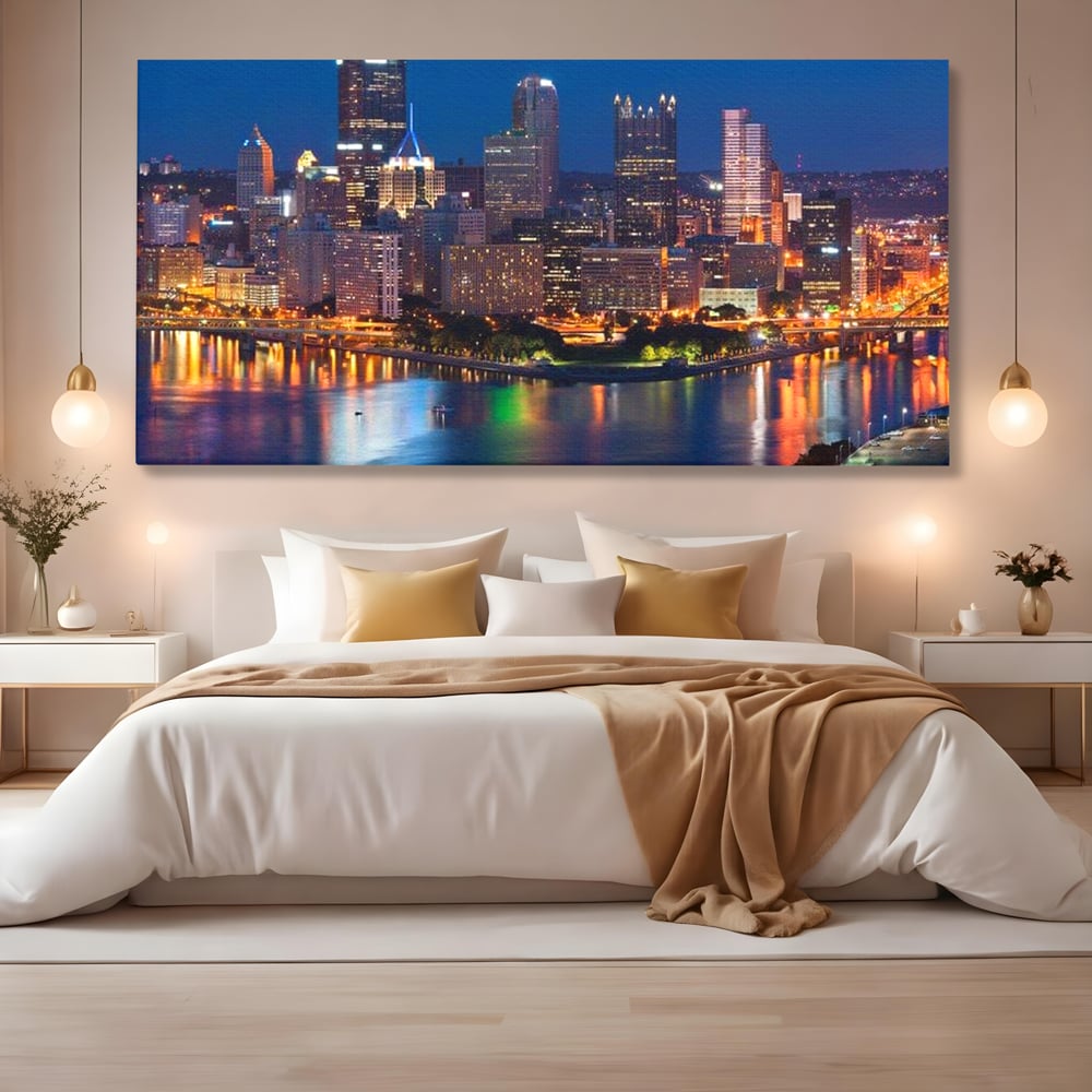 Tablou Canvas Premium, LuxCanva® O1032, Fluviul Tacut, Oras, Rau, Electrizant, Revarsare, Cladiri, Vraja, Albastru, Lumina, Noapte, Freamat, Invizibil, Lume, Pod, Sticla, Birou, Living, Dormitor