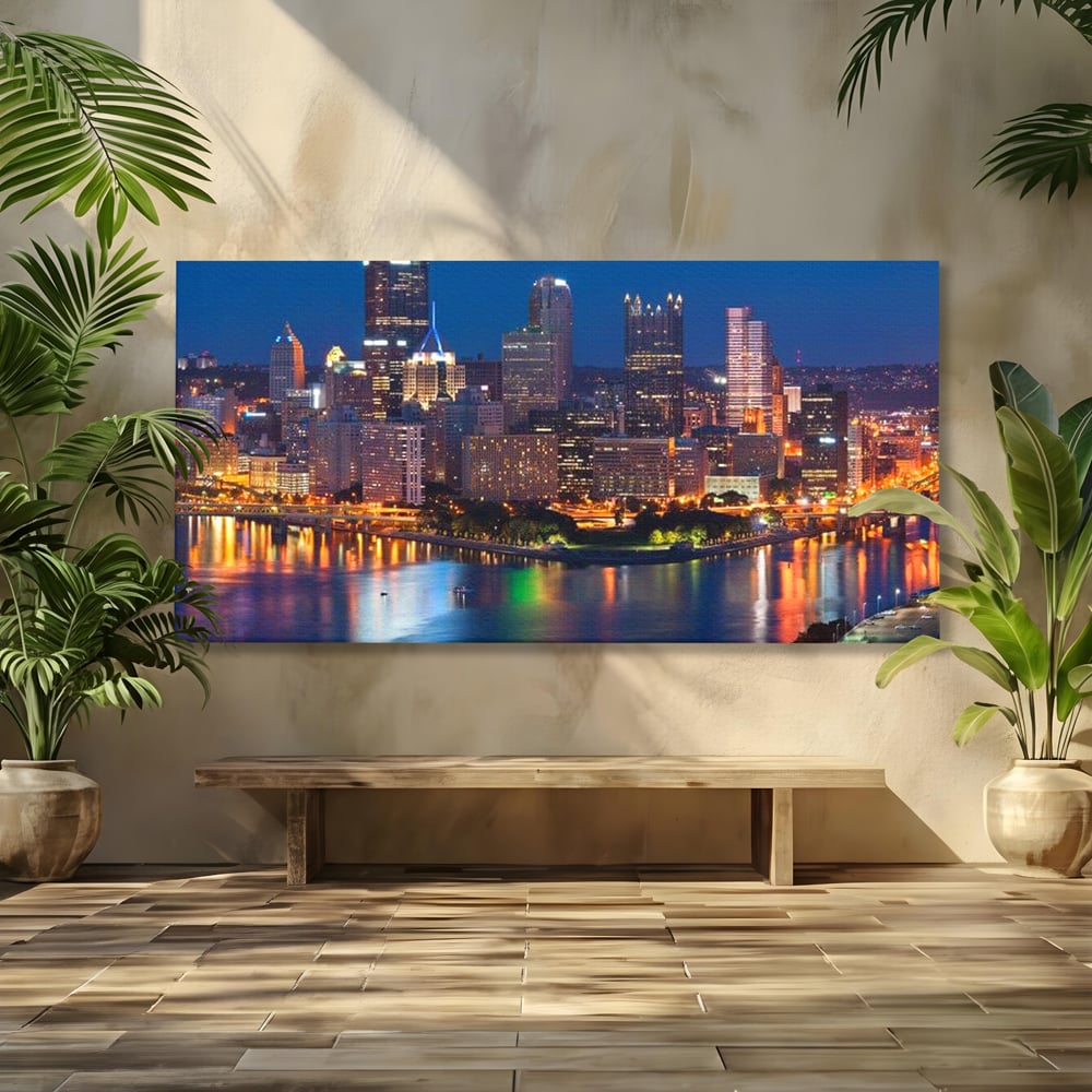 Tablou Canvas Premium, LuxCanva® O1032, Fluviul Tacut, Oras, Rau, Electrizant, Revarsare, Cladiri, Vraja, Albastru, Lumina, Noapte, Freamat, Invizibil, Lume, Pod, Sticla, Birou, Living, Dormitor