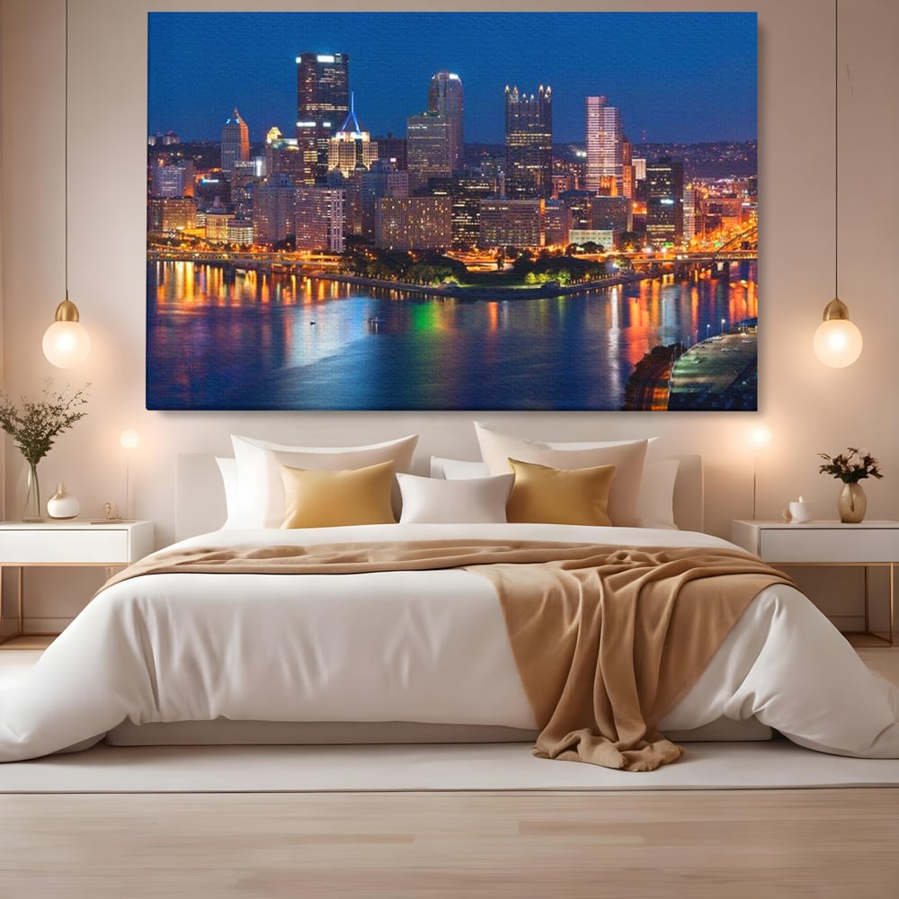 Tablou Canvas Premium, LuxCanva® O1032, Fluviul Tacut, Oras, Rau, Electrizant, Revarsare, Cladiri, Vraja, Albastru, Lumina, Noapte, Freamat, Invizibil, Lume, Pod, Sticla, Birou, Living, Dormitor