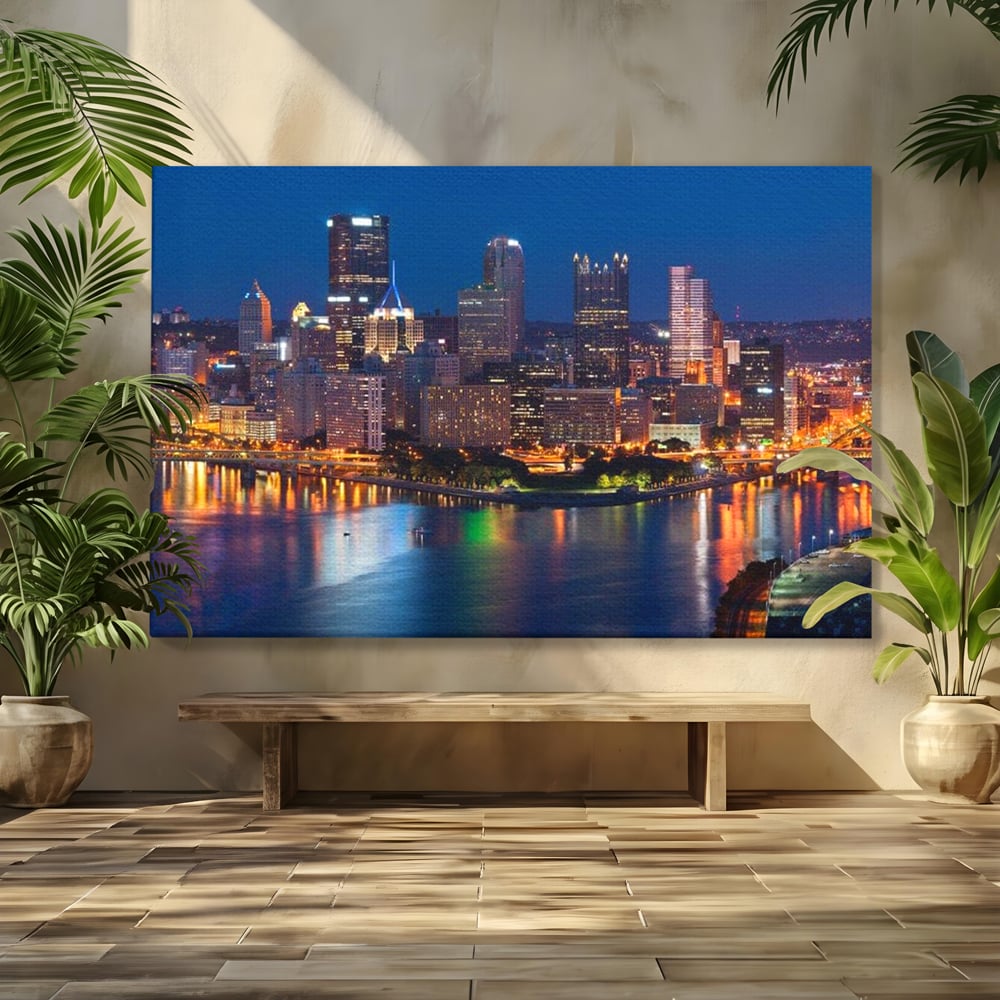Tablou Canvas Premium, LuxCanva® O1032, Fluviul Tacut, Oras, Rau, Electrizant, Revarsare, Cladiri, Vraja, Albastru, Lumina, Noapte, Freamat, Invizibil, Lume, Pod, Sticla, Birou, Living, Dormitor