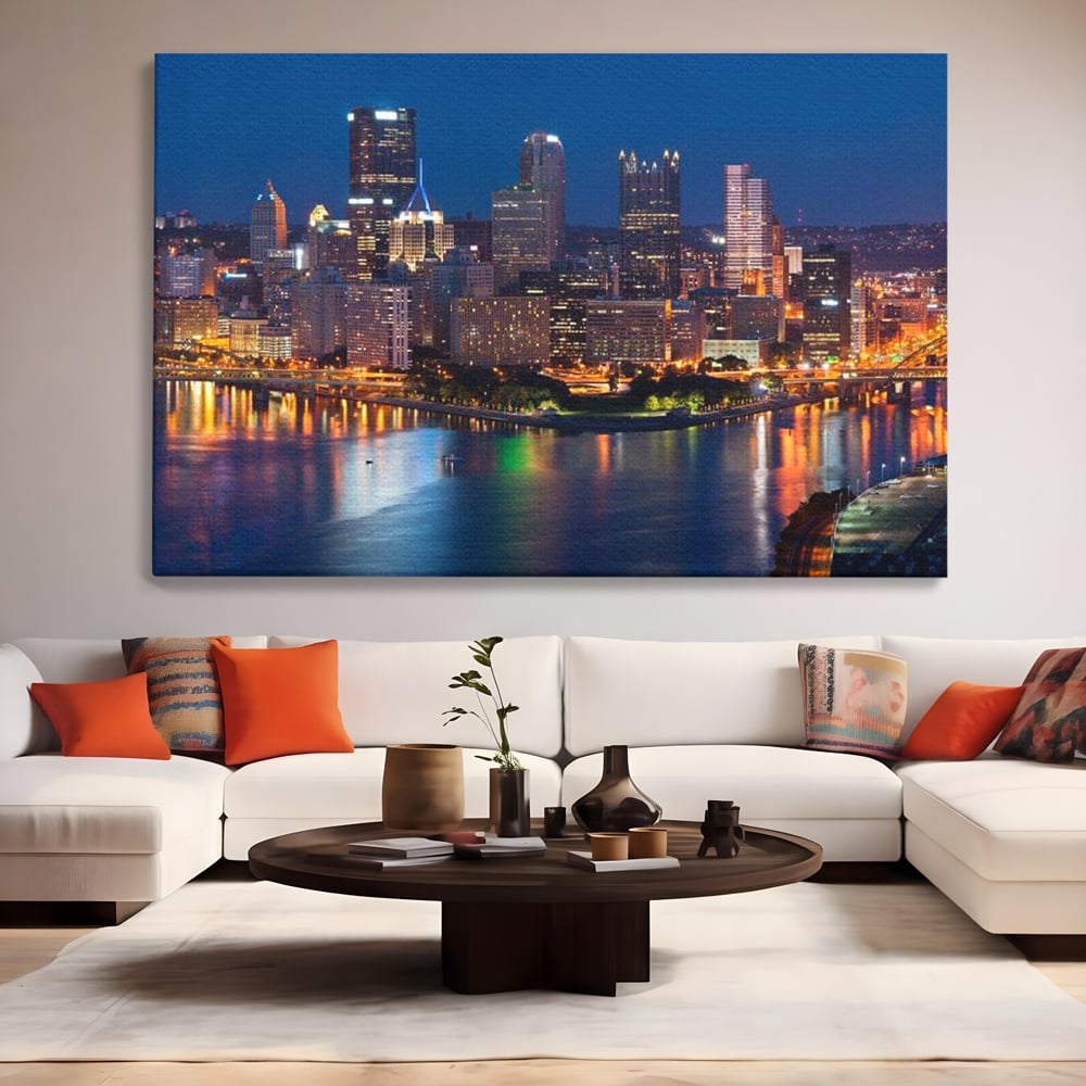 Tablou Canvas Premium, LuxCanva® O1032, Fluviul Tacut, Oras, Rau, Electrizant, Revarsare, Cladiri, Vraja, Albastru, Lumina, Noapte, Freamat, Invizibil, Lume, Pod, Sticla, Birou, Living, Dormitor