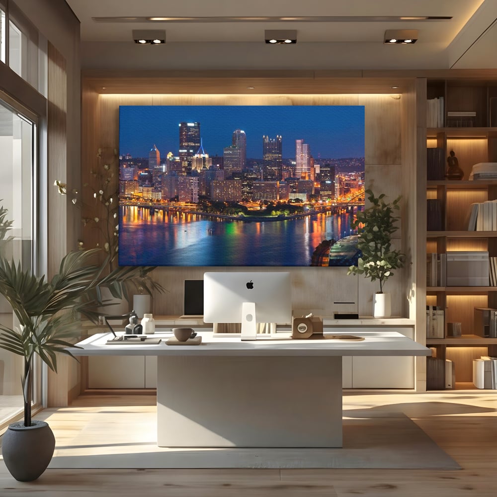 Tablou Canvas Premium, LuxCanva® O1032, Fluviul Tacut, Oras, Rau, Electrizant, Revarsare, Cladiri, Vraja, Albastru, Lumina, Noapte, Freamat, Invizibil, Lume, Pod, Sticla, Birou, Living, Dormitor