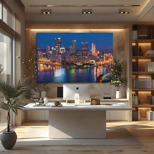 Tablou Canvas Premium, LuxCanva® O1032, Fluviul Tacut, Oras, Rau, Electrizant, Revarsare, Cladiri, Vraja, Albastru, Lumina, Noapte, Freamat, Invizibil, Lume, Pod, Sticla, Birou, Living, Dormitor