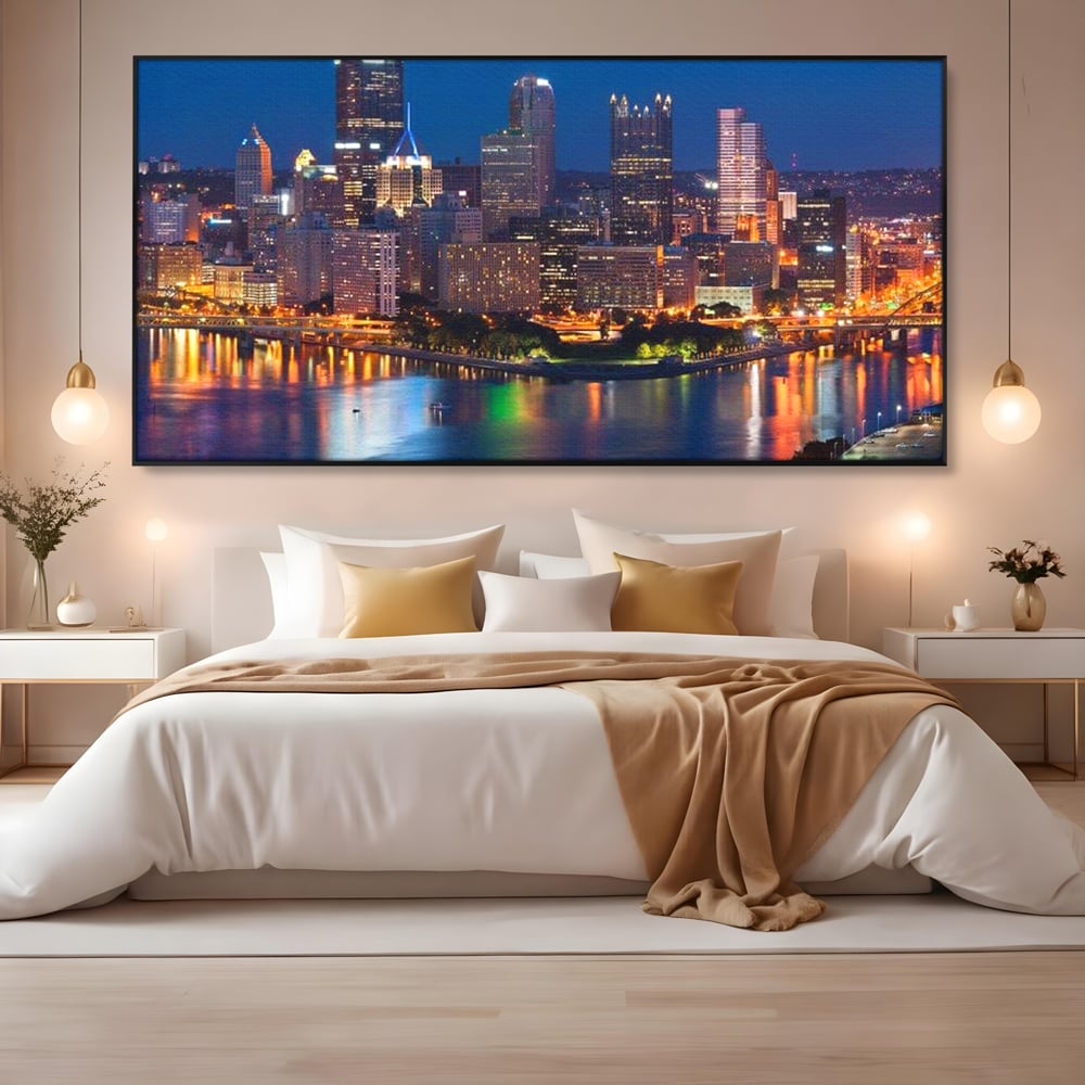 Tablou Canvas Premium, LuxCanva® O1032, Fluviul Tacut, Oras, Rau, Electrizant, Revarsare, Cladiri, Vraja, Albastru, Lumina, Noapte, Freamat, Invizibil, Lume, Pod, Sticla, Birou, Living, Dormitor