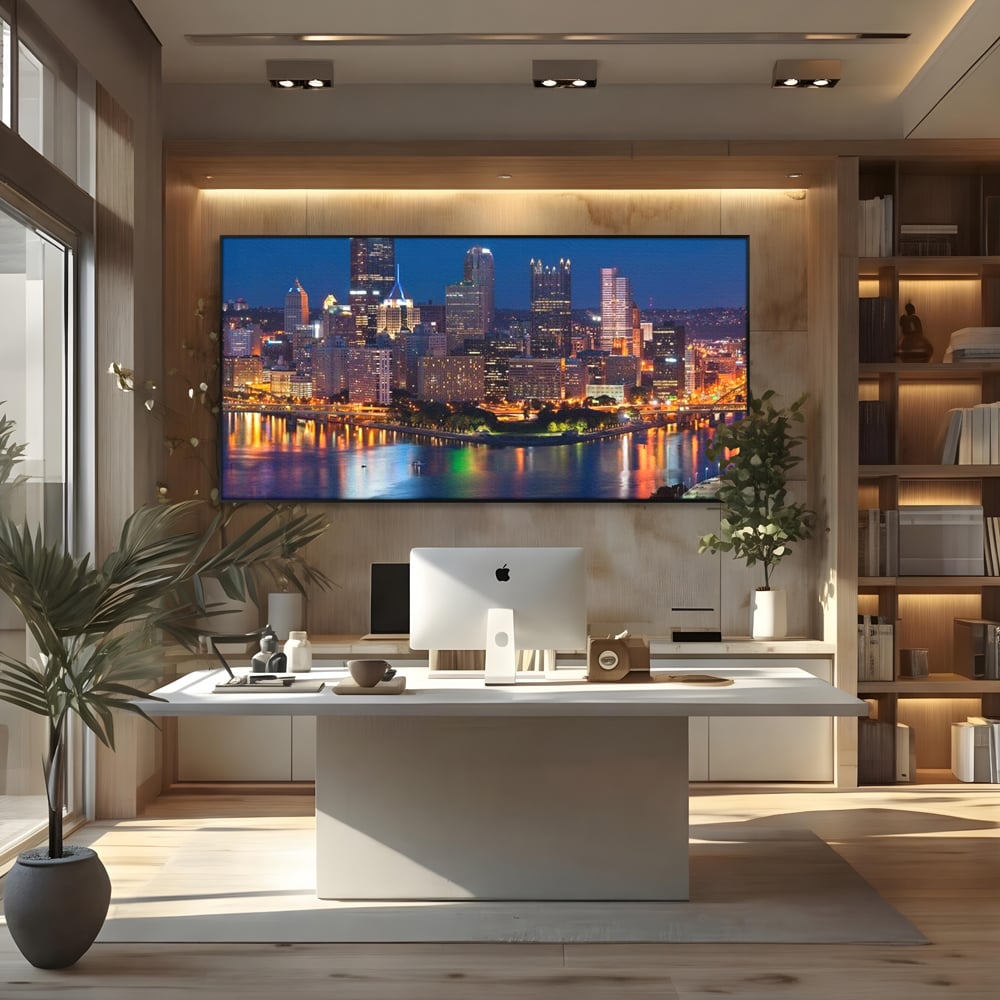 Tablou Canvas Premium, LuxCanva® O1032, Fluviul Tacut, Oras, Rau, Electrizant, Revarsare, Cladiri, Vraja, Albastru, Lumina, Noapte, Freamat, Invizibil, Lume, Pod, Sticla, Birou, Living, Dormitor