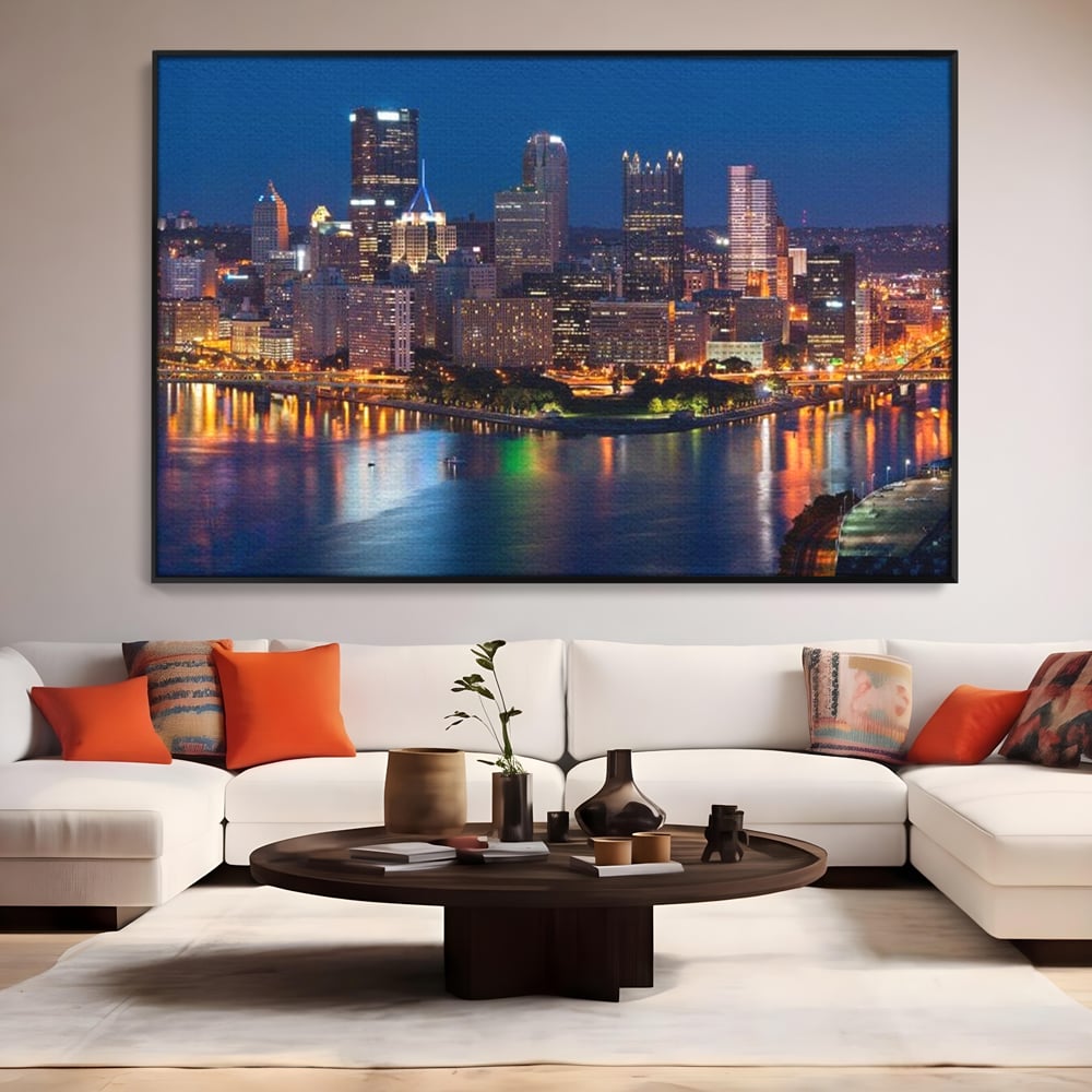 Tablou Canvas Premium, LuxCanva® O1032, Fluviul Tacut, Oras, Rau, Electrizant, Revarsare, Cladiri, Vraja, Albastru, Lumina, Noapte, Freamat, Invizibil, Lume, Pod, Sticla, Birou, Living, Dormitor