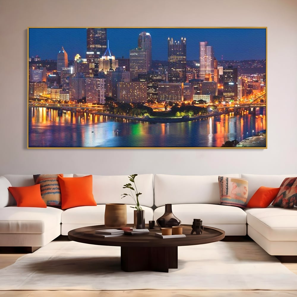 Tablou Canvas Premium, LuxCanva® O1032, Fluviul Tacut, Oras, Rau, Electrizant, Revarsare, Cladiri, Vraja, Albastru, Lumina, Noapte, Freamat, Invizibil, Lume, Pod, Sticla, Birou, Living, Dormitor