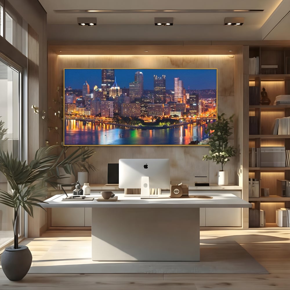 Tablou Canvas Premium, LuxCanva® O1032, Fluviul Tacut, Oras, Rau, Electrizant, Revarsare, Cladiri, Vraja, Albastru, Lumina, Noapte, Freamat, Invizibil, Lume, Pod, Sticla, Birou, Living, Dormitor